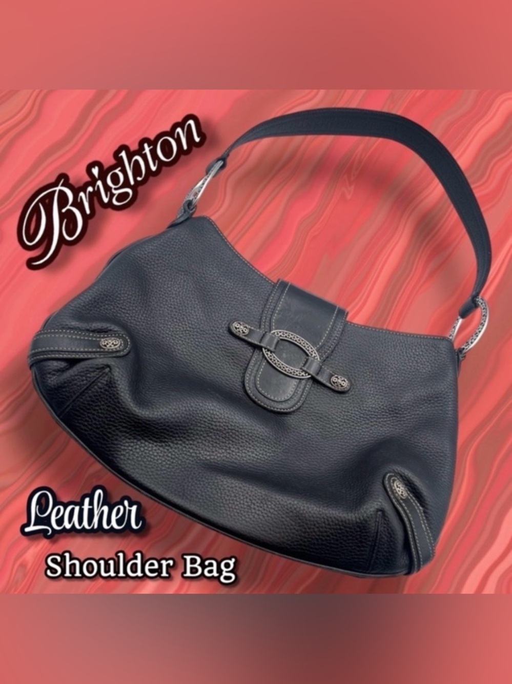 Brighton Black Leather Shoulder Hobo Bag with Silver Accents
